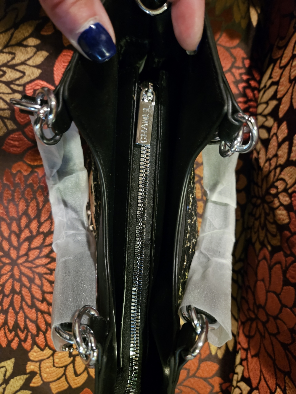 Black Tweed Tote with Gold Logo Charm 1 Left - Picture 3 of 3